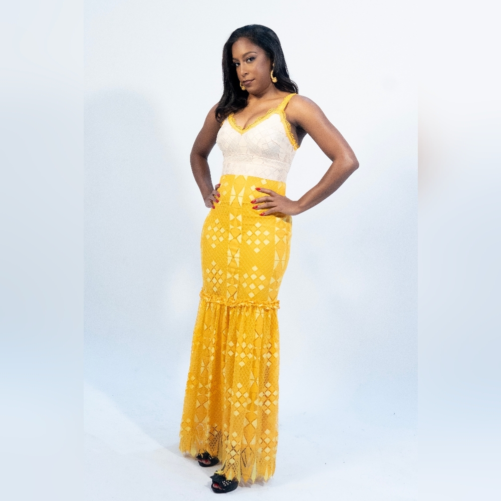 Elegant Yellow and Off-White/ Cream Maxi Dress